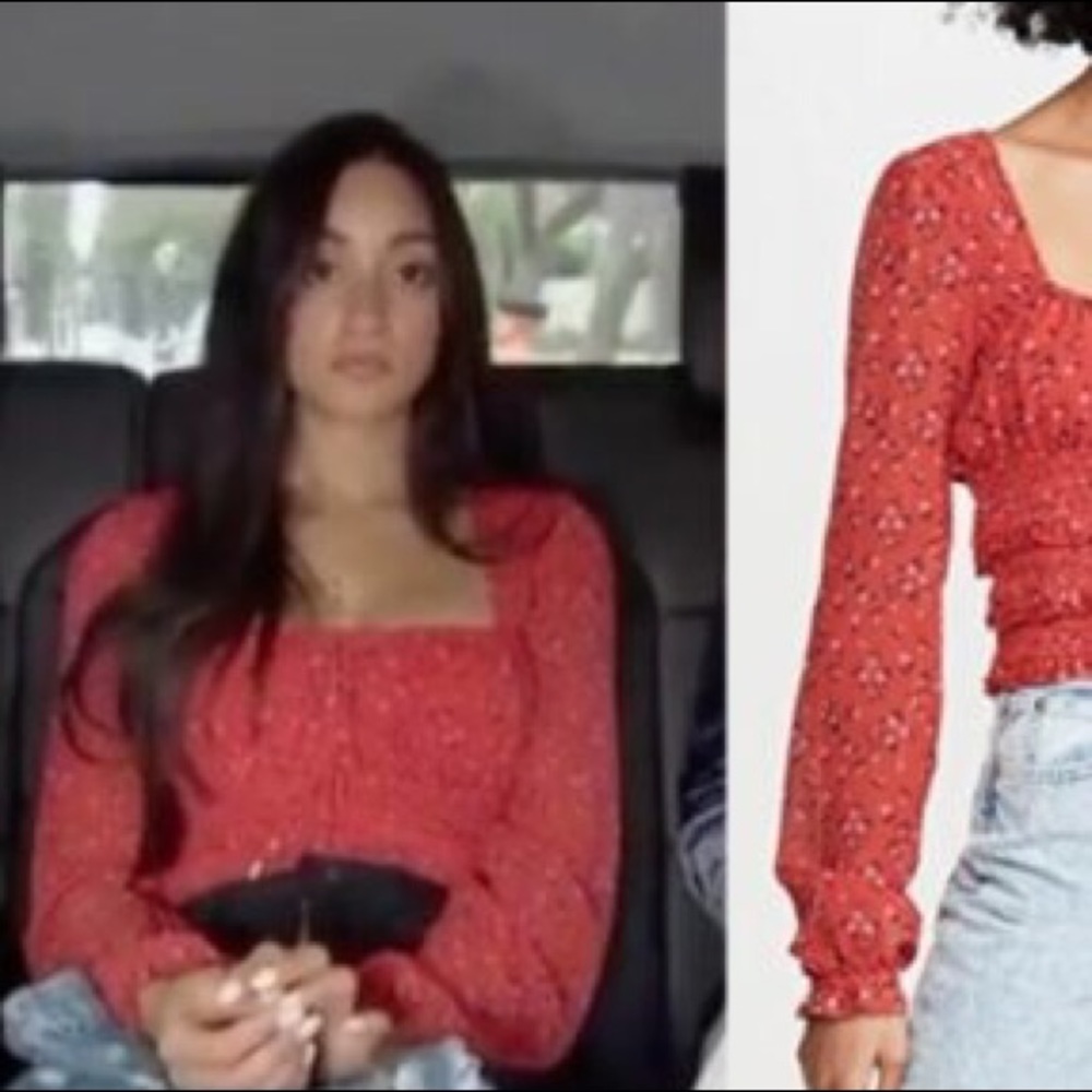Free People Red Floral Smocked Long-Sleeve Top